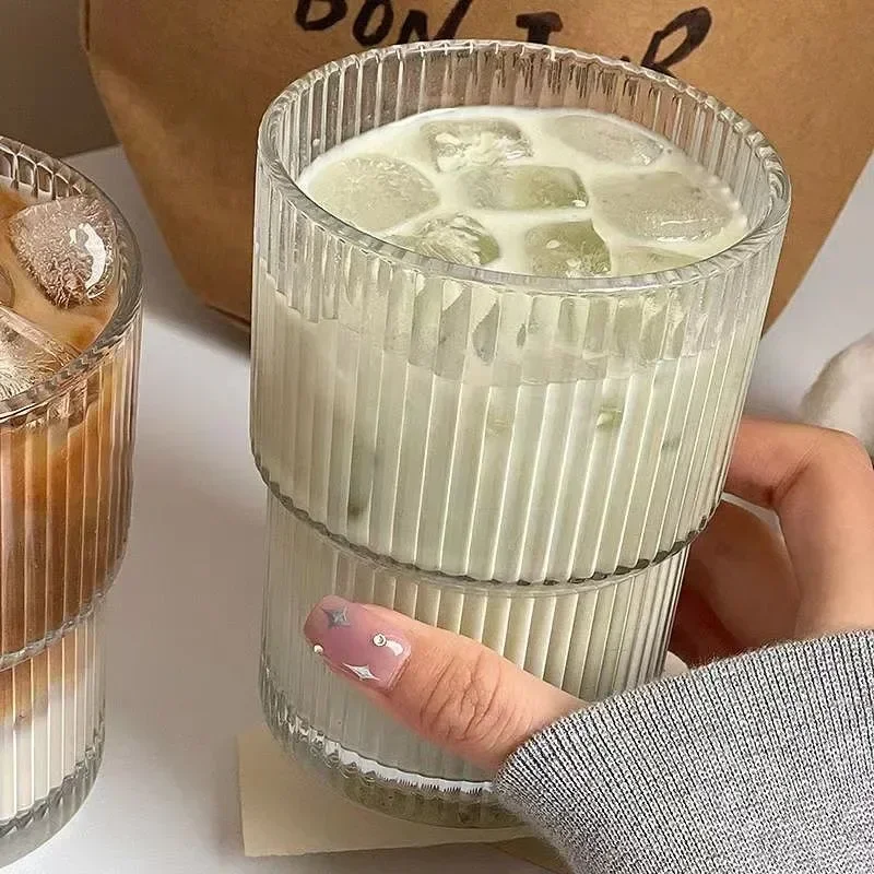 450ml Transparent Tea Cup Vertical Stripe Ins Coffee Glass with Lid Straw Water Cup High-value Ice American Latte Milk Cup