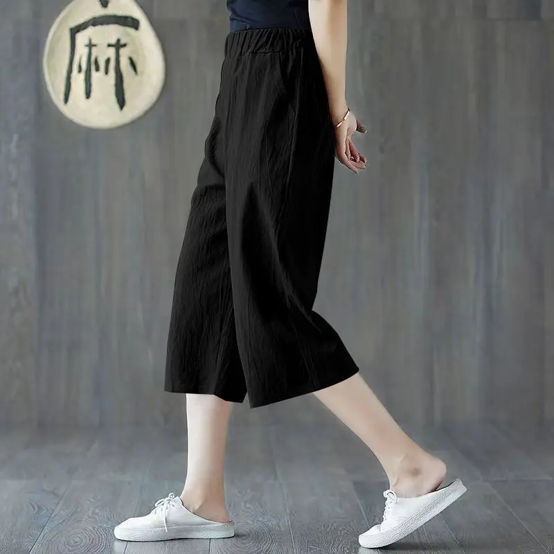 Summer Oversized Literary Vintage Cotton Linen Loose Casual Cropped Pants Women Solid Color Simple All-match Straight Trousers