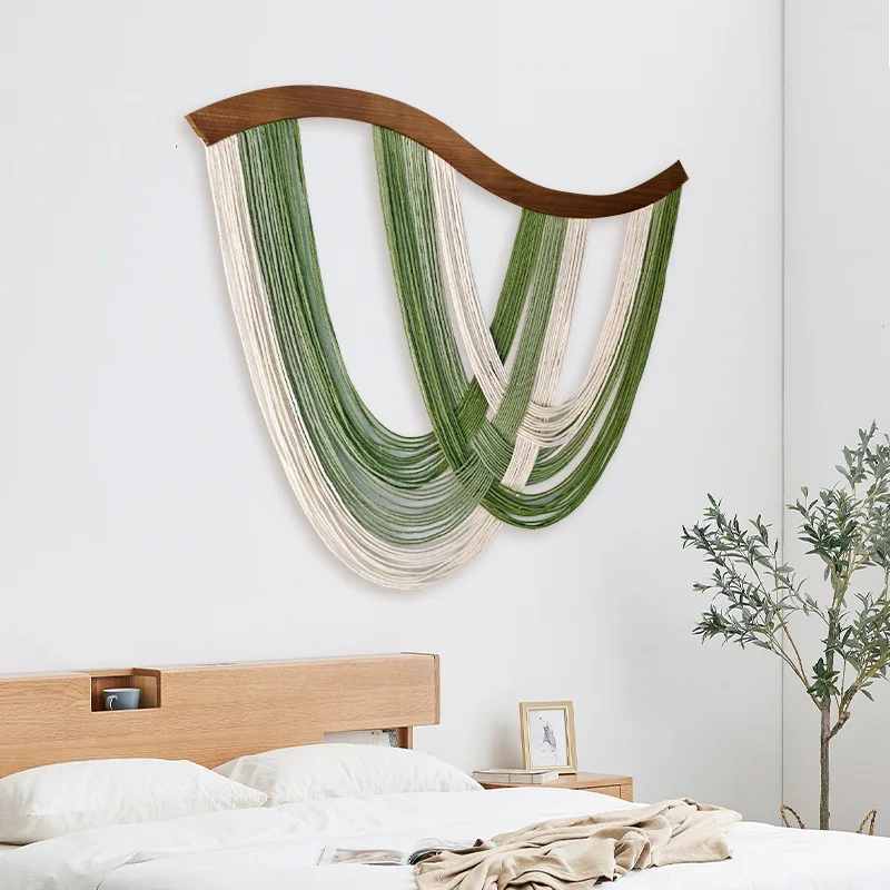 Curved Wooden Board Macrame Wall Hanging, Hand Woven Natural Cotton Tassel Tapestry, Soft Neutral Color Wall Decor Home Ornament