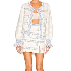 Women's Retro Floral Embroidery Set Knitted Round Neck Cardigan Sweater+Split Mini Skirt Two-Piece Trendy Chic Outfit