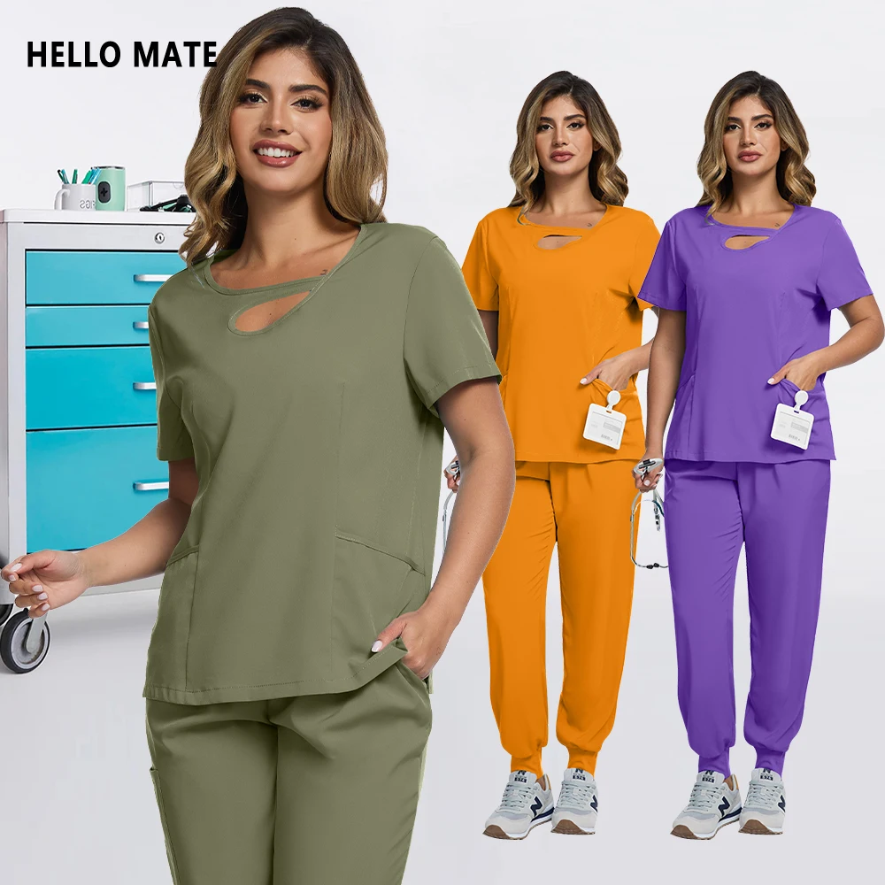 새로운 여성의 아름다움 옷 의료 간호사 유니폼 짧은 소매 임상 정장 의사 블라우스 조깅 바지 2pcs 탄성 간호 세트