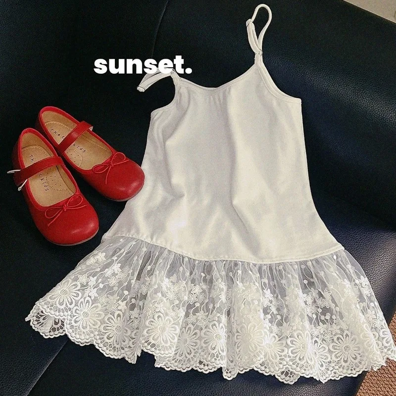 

Summer 2025 Baby Girls Lace Halter Dress Cute and Sweet Tank Dress Princess Dress for Girls Cotton Cotton Lace Splicing 90-160cm