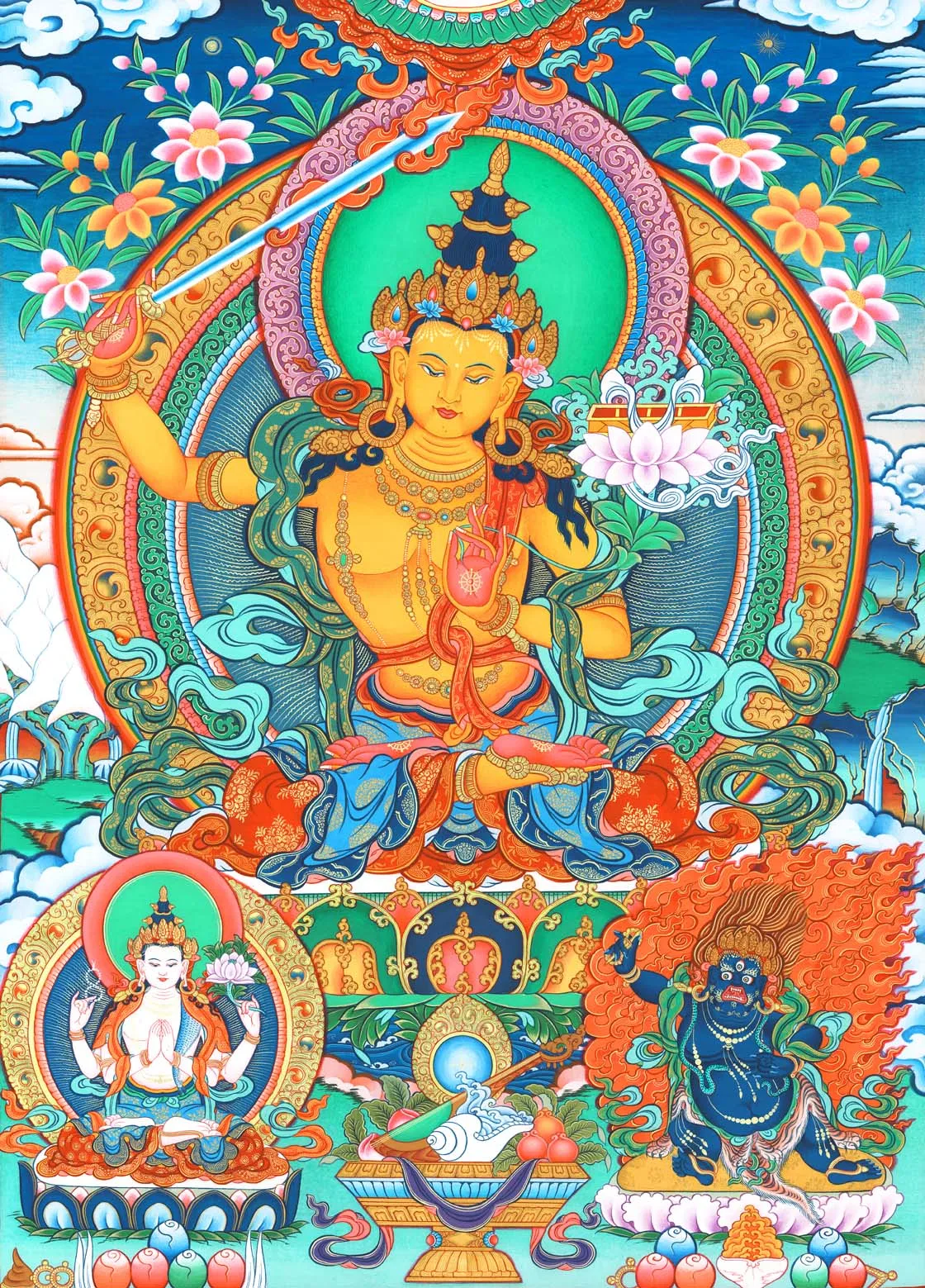 

Manjusri Thangka,Gandhanra Tibetan Buddhist Thangka Art,Giclee Printed and Hand Framed,47" × 32"