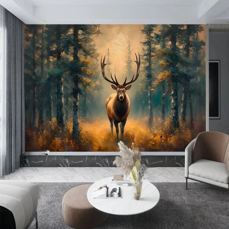 Custom Photo Mural Cartoon 3D Hand Drawn Deer Animal Forest Tree Pattern Wallpaper Home Bedroom Decoration Wall Hanging Painting