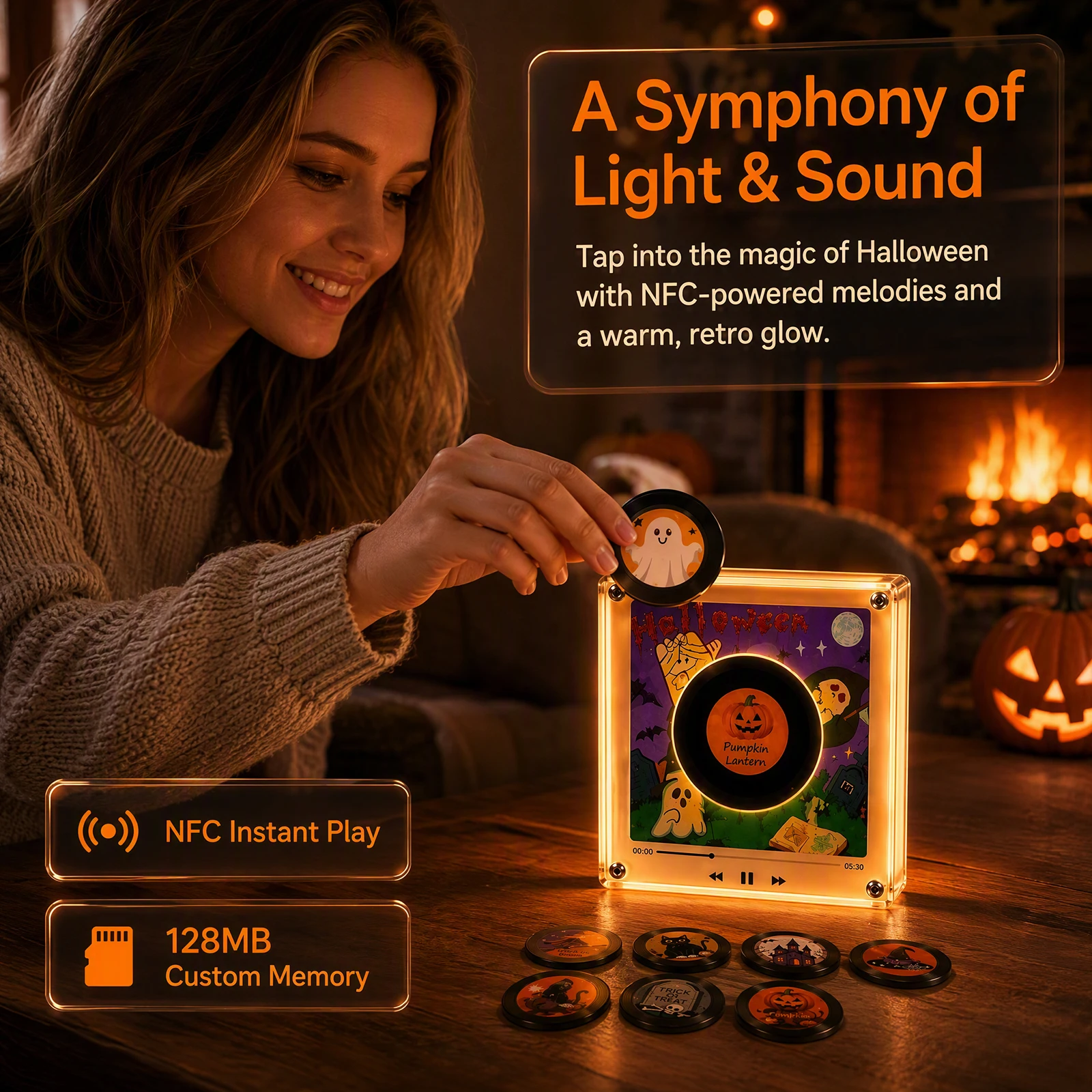 Personalized NFC Sensing Song Player with 9 Programmable Discs LED Light 128MB Retro Recorder Refrigerator Magnetic Decor & Gift