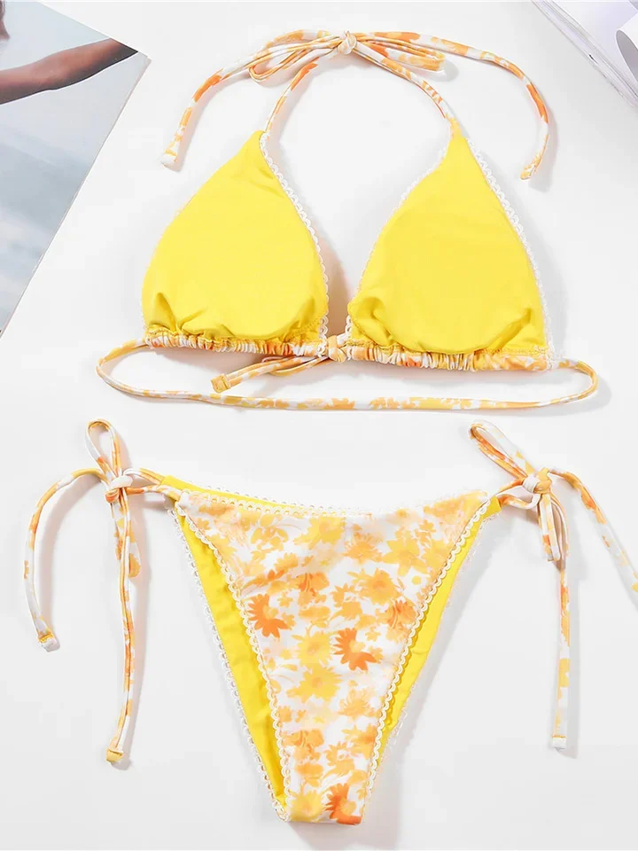 Vzvn Sexy Laced Up Print Bikini 2 Piece Set Women Split Swimsuit Beach Vacation Bikinis 2025 New All Season Backless Bikinis Set