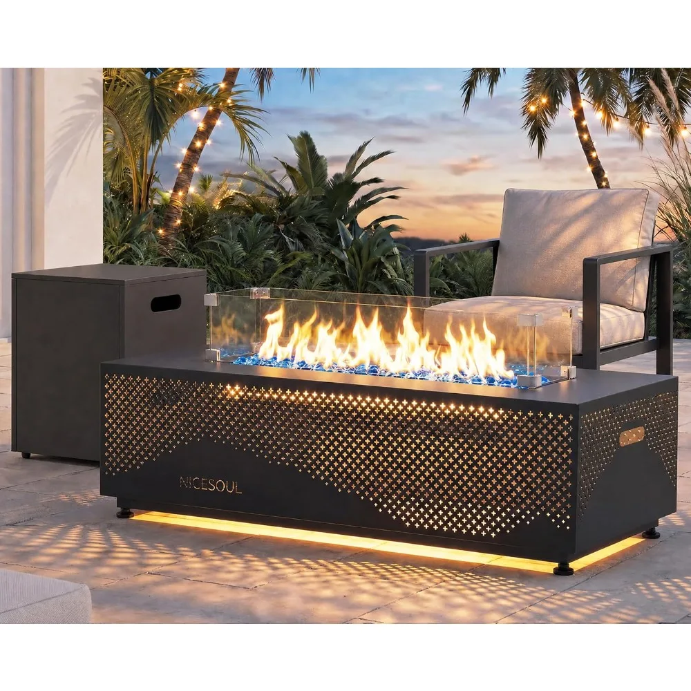 42'' Propane Natural Gas Fire Pit Table with Tank Table 50000 BTU LED Lights Dark Gray