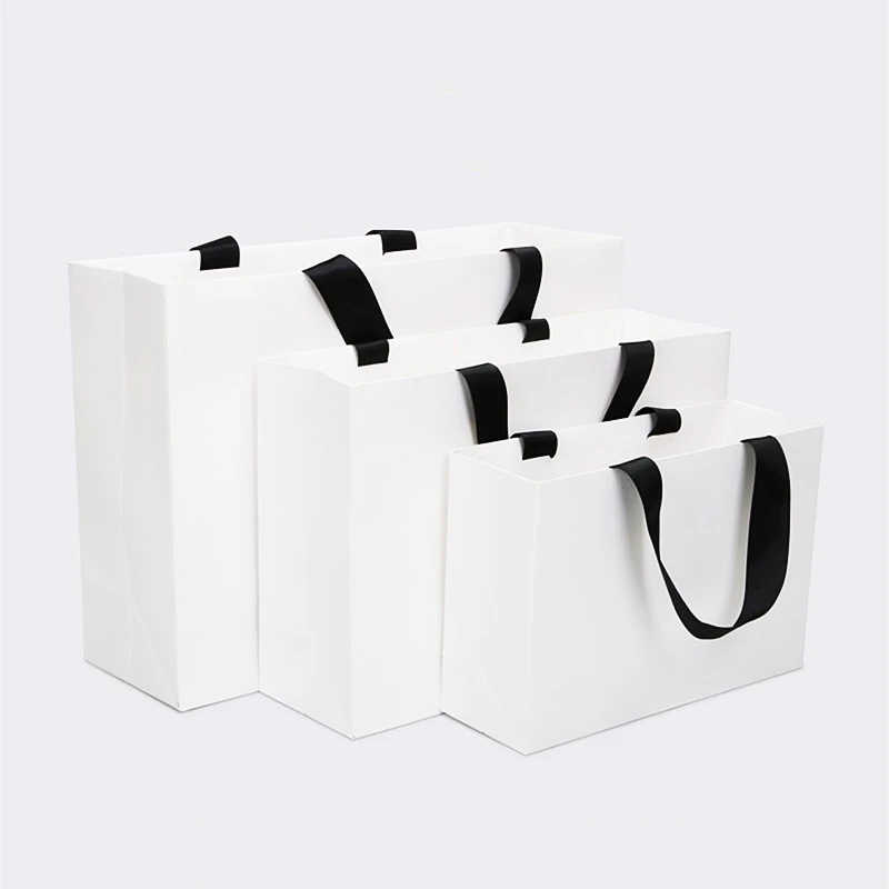 White Gift Paper Bags Gift Packaging with Black Handles Thicked Bulk Wedding Party Favor Bags Shopping Package Small Business