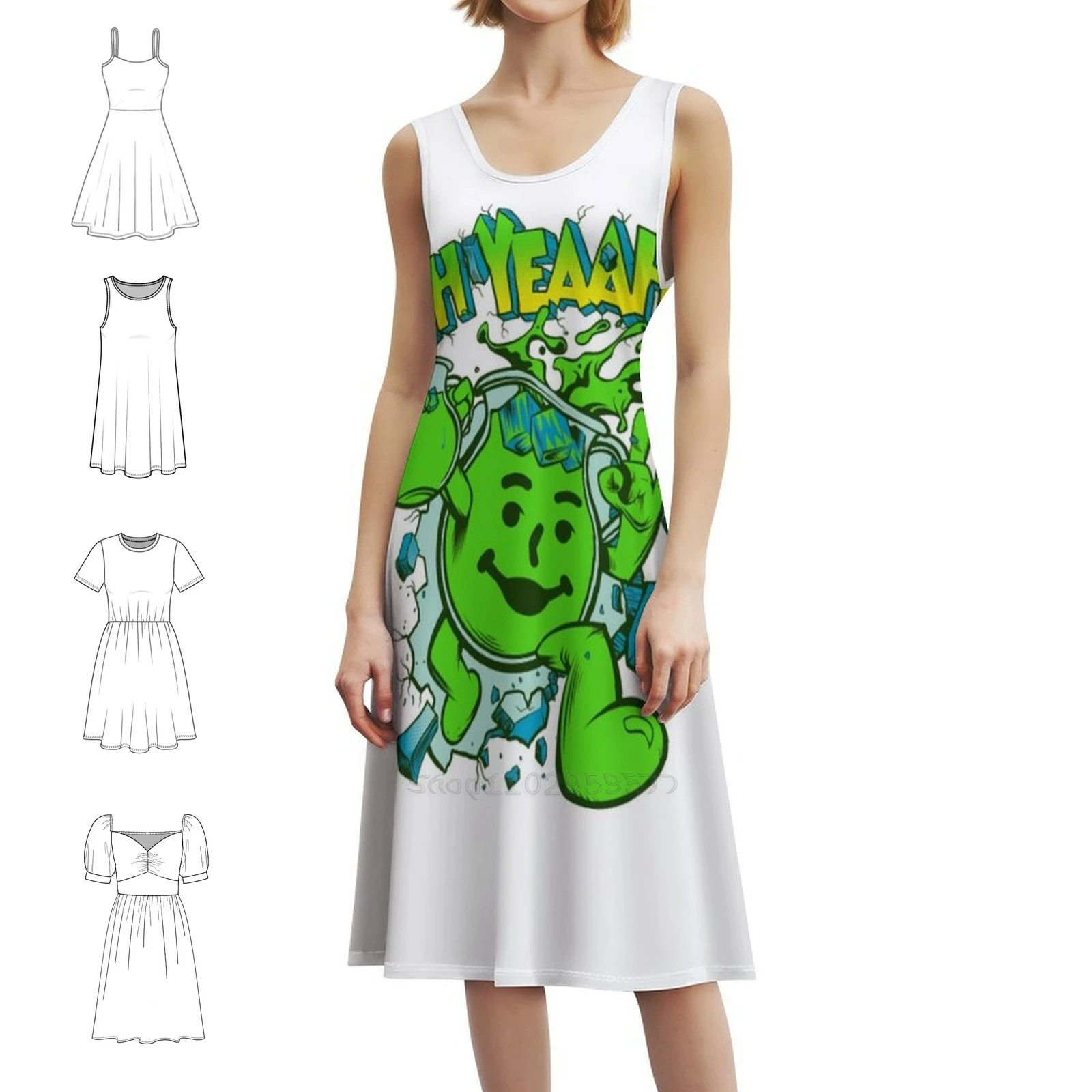 كول أيد مان أوه نعم! فستان Kool Aid Man Lime Bohemian بدون أكمام للنساء مطبوع عليه فساتين حفلات الشاطئ Kool Aid Man Ohh Yes #1