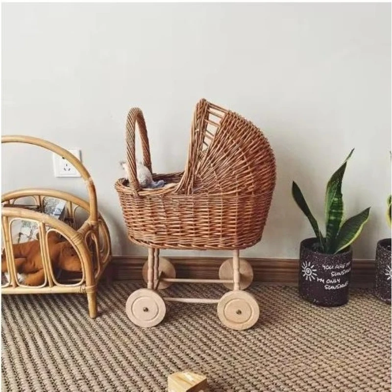 Ins Rattan Weave Stroller Toy Studio Photo Props Baby Doll Carriage Children's Room Decoration Play House Cart Pretend Play Toy