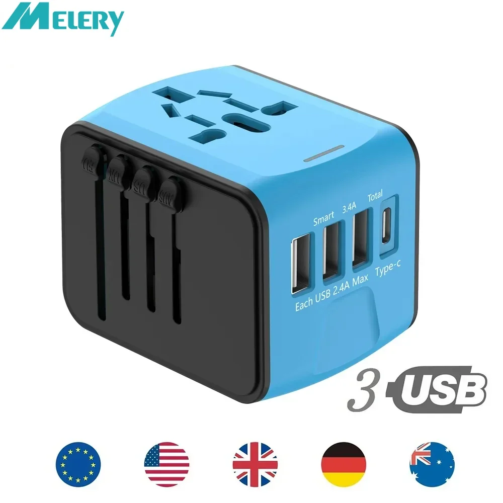 Melery Travel Adapter Universal Power Plug  UK EU AU US Sockets International 3USB Type-C Wall Charger for Worldwide Adaptor