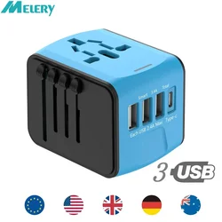 Adapter podróżny Melery Uniwersalna wtyczka zasilania UK EU AU US Gniazda Międzynarodowa ładowarka ścienna 3USB typu C do adaptera na całym świecie