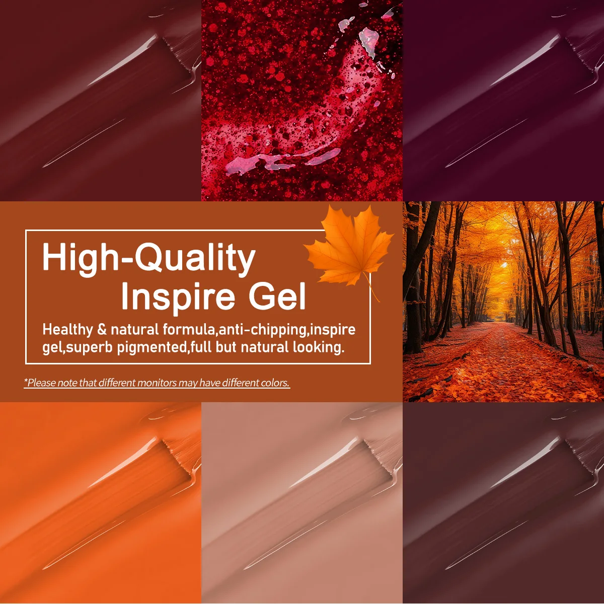 6PCS Fall Maple Tone Gel Nail Set, Autumn Orange/Brown/Red/Glitter UV Nail Gel, 28+ Days Gloss Long Lasting, DIY Manicure Kit fo