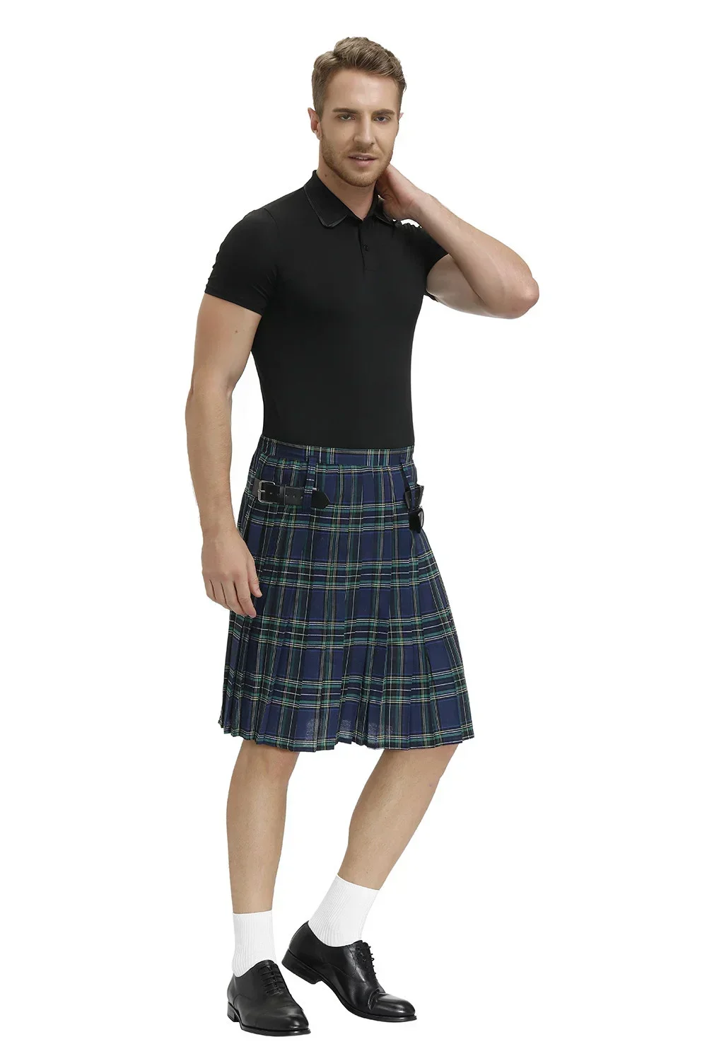 Men Scotland Kilt Traditional Plaid Belt Pleated Bilateral Chain Gothic Punk Hip-hop Avant Garde Scottish Tartan Pants Skirts