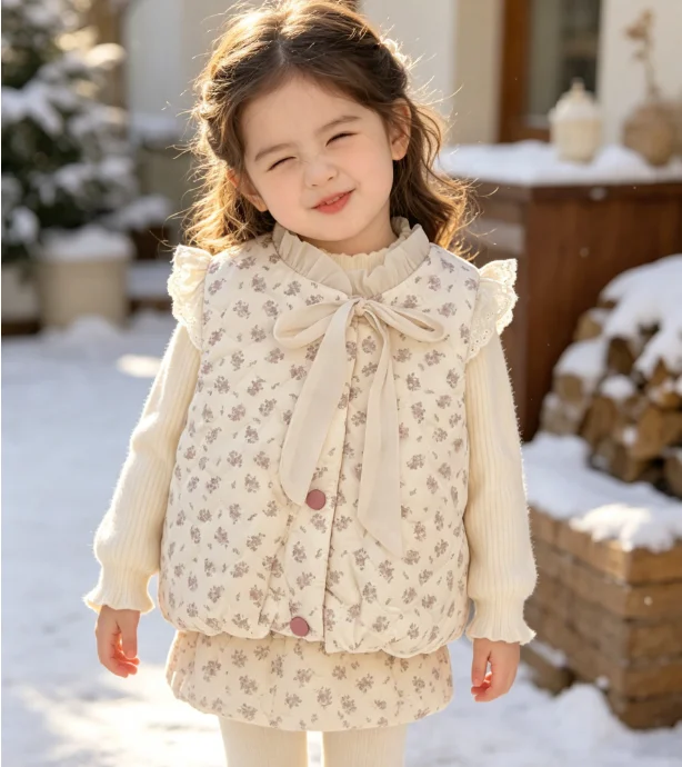 Girl Waistcoat 2026 Spring and Autumn New Childrens Clothing Korean Style Girl Baby Sweet Lace Binding Broken Flower Waistcoat