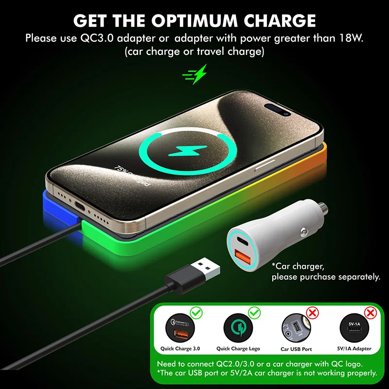 Caricabatterie Wireless per auto magnetico da 30W caricabatteria da auto antiscivolo leggero RGB per iPhone 15 14 13 X Samsung Xiaomi Airprods