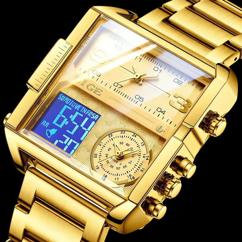LIGE Golden Digital Mens Watches Full Steel Quartz Wristwatches Chronograph Date Week  LED Dual Display Watch Men Waterproof