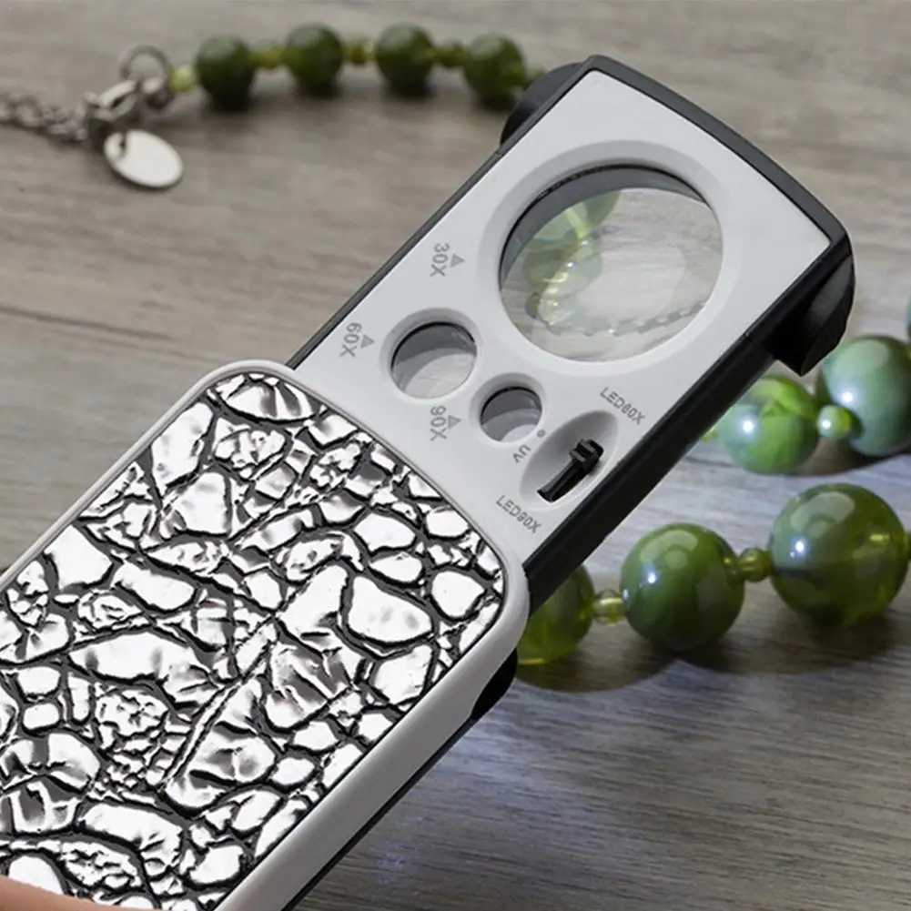

Jewelry Loupe Magnifier With LED UV Light 30X 60X 90X Jewelers Eye Magnifying Glass Fold For Gems Stamps Watches Antiques