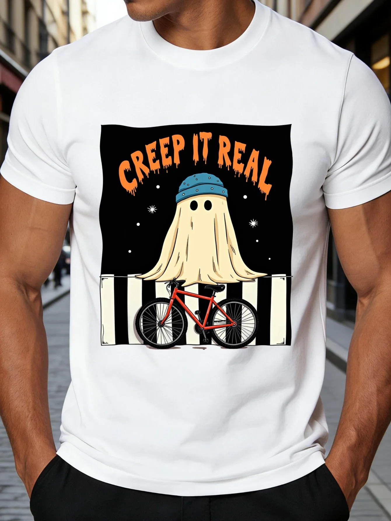Halloween Horror Style Men's T-Shirt, Cycling Thriller Night Design, Ideal for Autumn and Winter Wear, a Perfect Gift for Friends and Family Who Love Thriller Fun