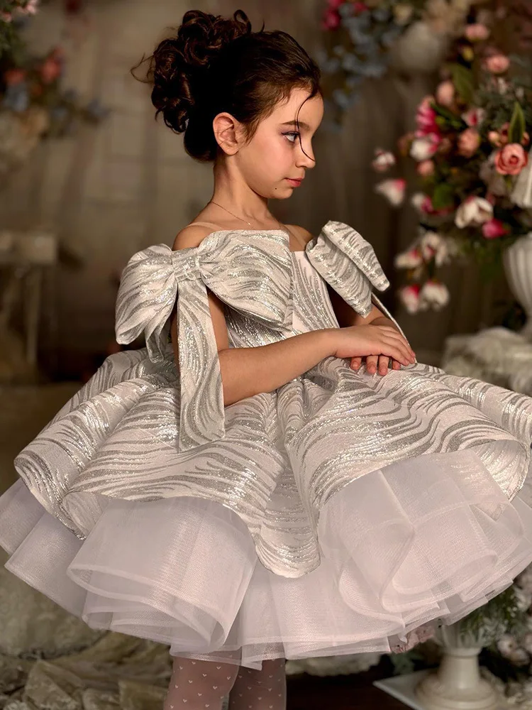 Vestido de fiesta de cumpleaños con un hombro, tutú de princesa con lazo grande, Bola de flores, boda, comunión