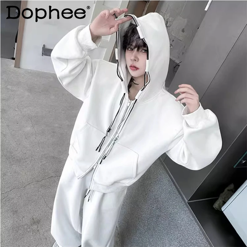 

Men's 2025 Autumn Solid Color Trendy 2pcs Men's Shoulder Padded Ribbon Decoration Zipper Hooded Sweatshirts Wide-Leg Pants Sets