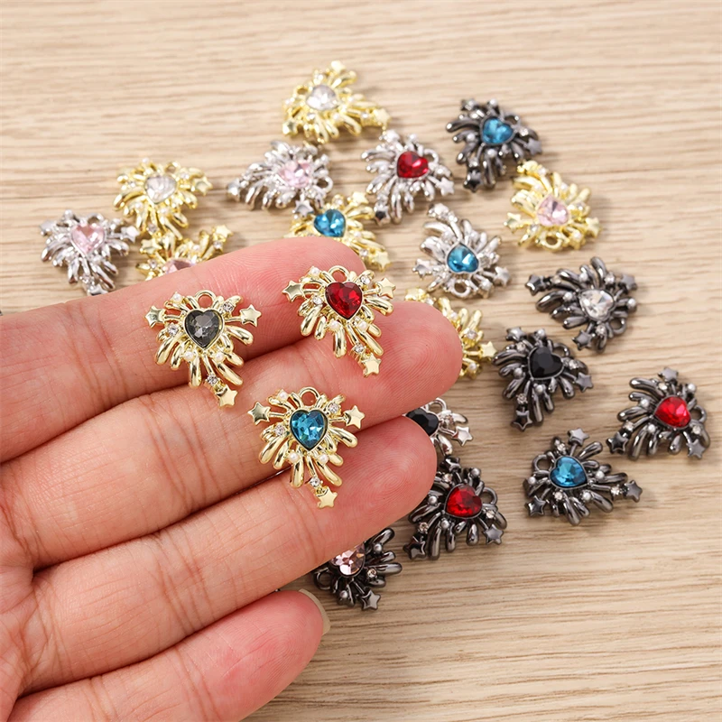 5 Stück 17x17mm Niedliche Kristall-Metall-Herz-Feuerwerk-Anhänger für Schmuckherstellung, Ohrringe, Halsketten, Armbänder, DIY-Bastelbedarf – Detail 3