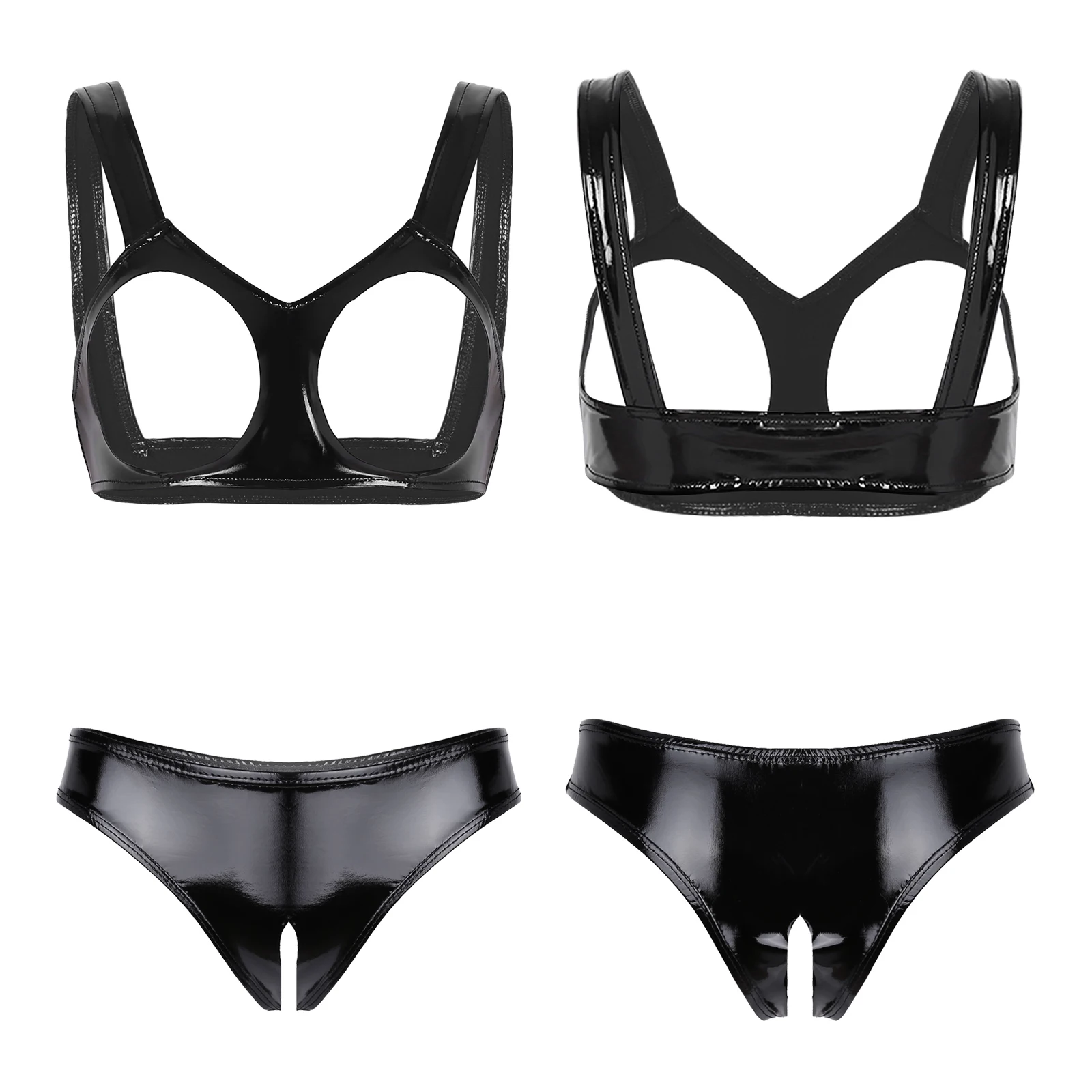 Womens Sexy Bare Chested Lingerie Set Patent Leather Underwear Suit Open Cups Bra Tops with Crotchless Briefs Nightwear Clubwear