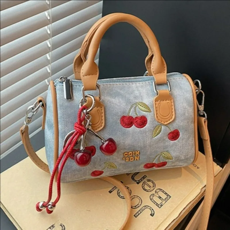 2026 New Cherry Embroidered Denim Boston Bag for Women, Retro Niche Handbag, Versatile Crossbody Purse