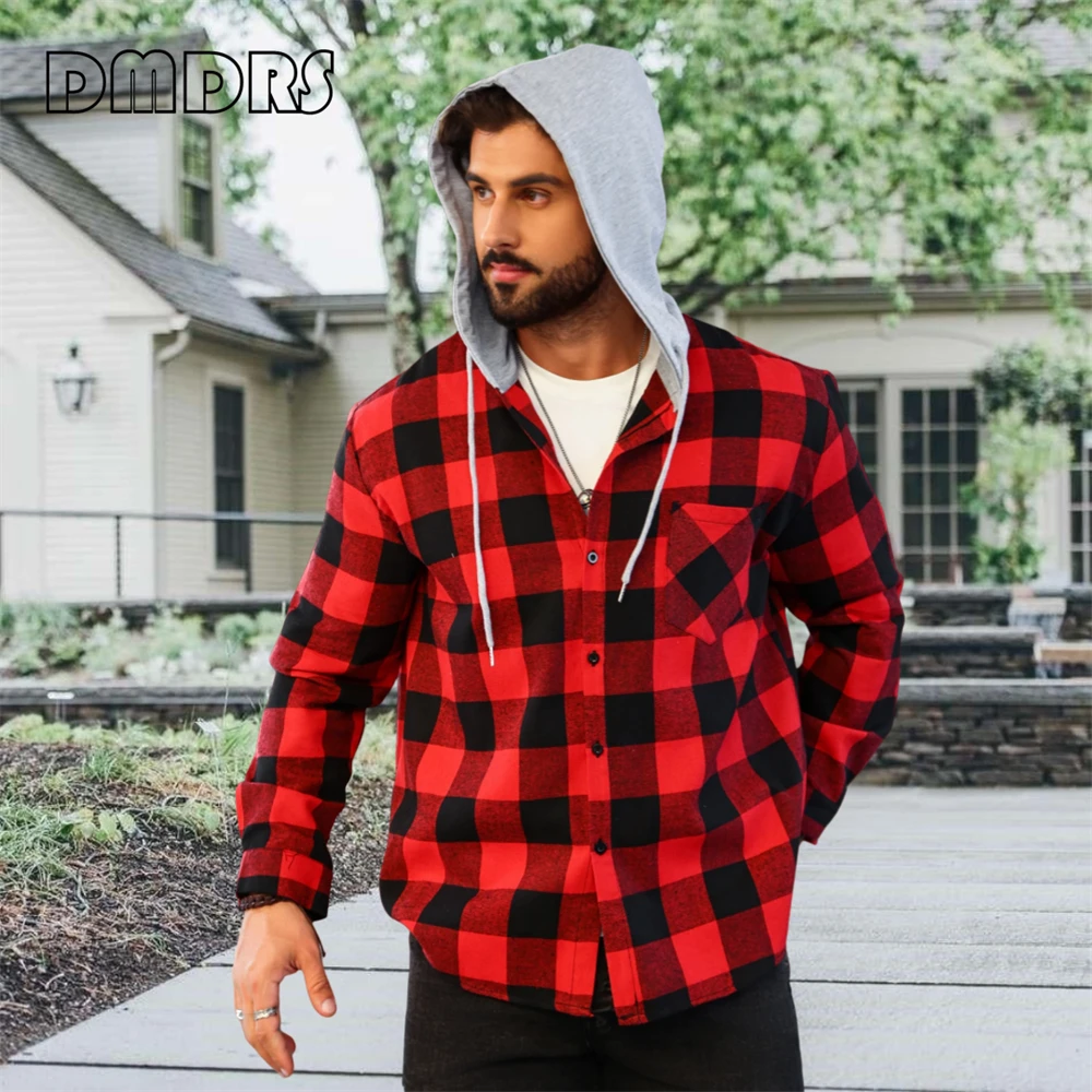 DMDRS - Men's Plaid Hoodie Shirt Jacket Long Sleeve Casual Flannel Button Shirts Autumn Plus Size Big Man Jacket Hot Dealing