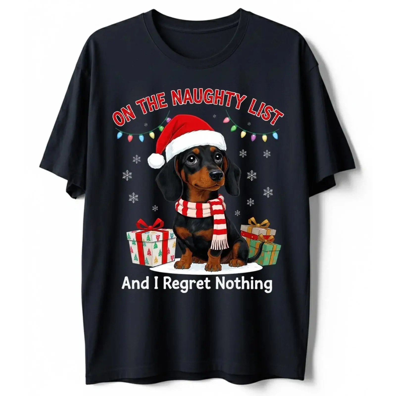 Funny Dachshund T Shirt on The Naughty List I Regret Nothing Christmas Dog vintage Washed graphic Soft Top For Everyday Wear