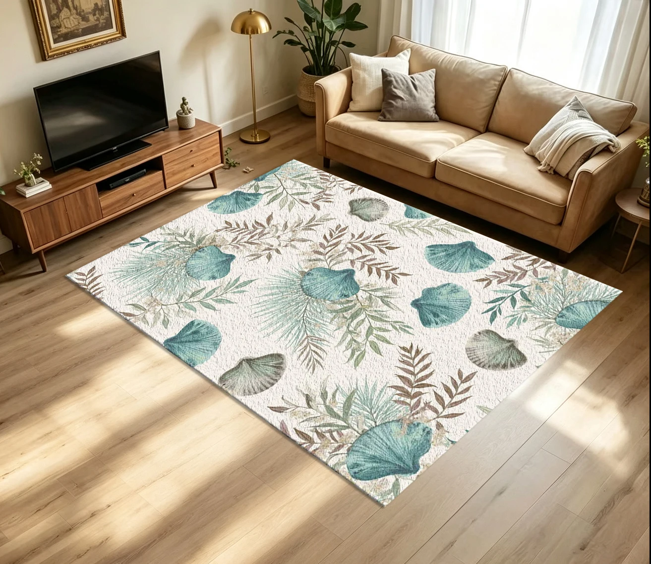 Watercolor Seashell Botanical Carpet Flooring Soft Teal Leaf Shell Seamless Pattern Printed Floor Rug for Household Indoor Home Coastal Style Decor