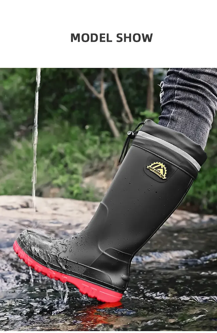 2026 Modische Herren-Regenstiefel mit Hohem Schaft, Wasserdicht, Rutschfest, Wärmend, für Outdoor, Autowäsche, Baustelle, Verschleißfest, mit Fleece-Futter – Detail 10