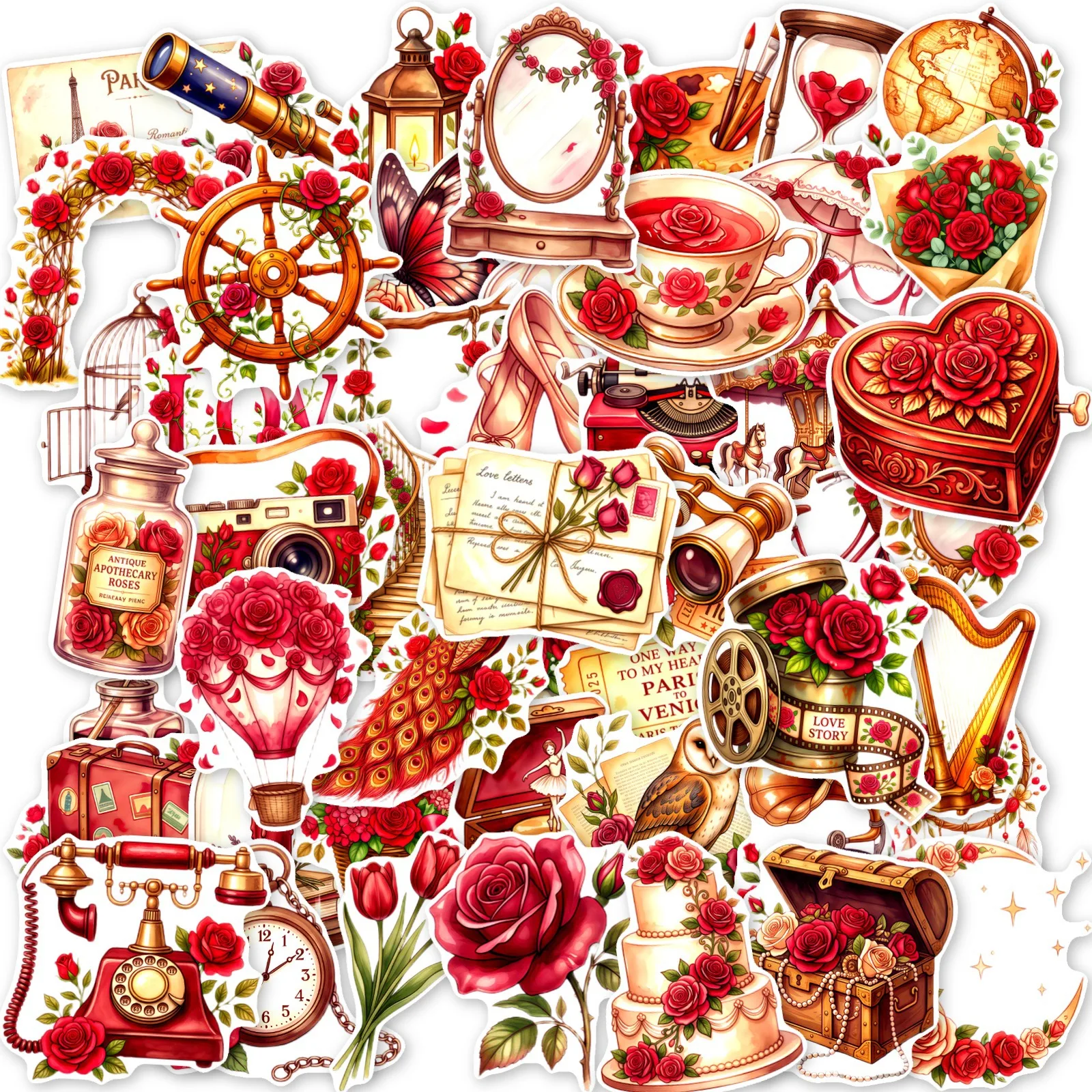 10/30/50PCS Vintage Red Rose Romantic Antique Stickers Retro Paris Travel Love Letter DIY Decor Laptop Journal Graffiti Sticker
