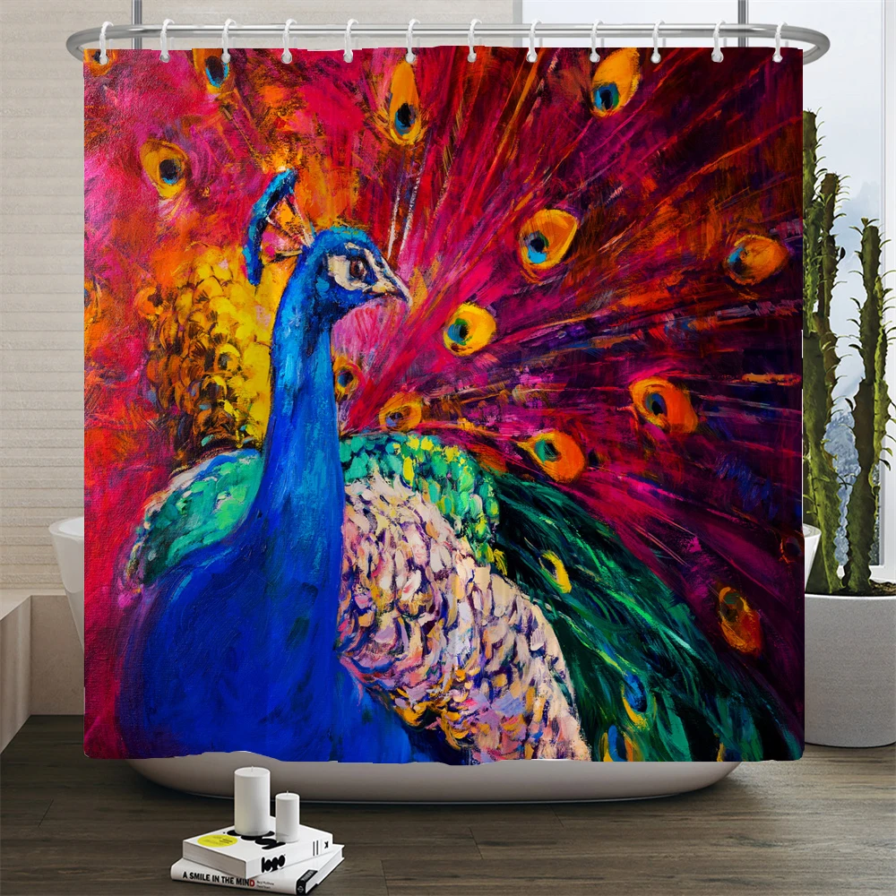 Flower-bird Peacock Waterproof Polyester Shower Curtain with Hooks For Bathtub Bathroom Screen Home Decor Large Size Wall Cloth