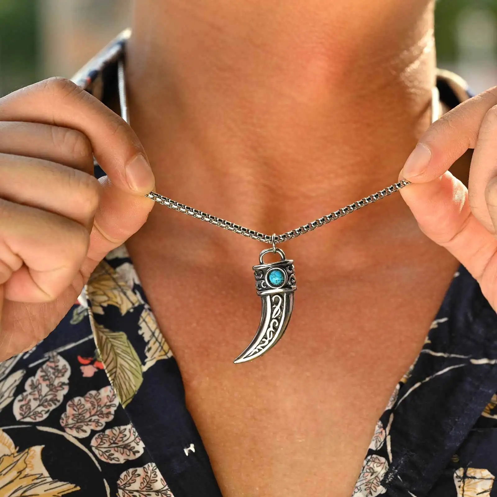 Vintage-Halskette mit Horn-Charms für Männer und Jungen, wasserfester Naturstein-Anhänger, Accessoires im ethnischen Stil, Geschenk – Detail 2