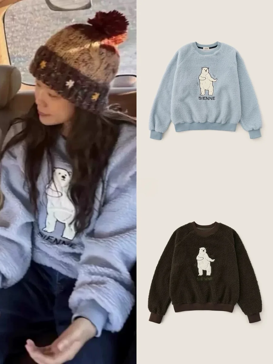 귀여운 춤추는 곰 무늬 라운드 넥 풀오버 스웨트셔츠 겨울 신상품 시엔 여성용 편안한 긴 소매