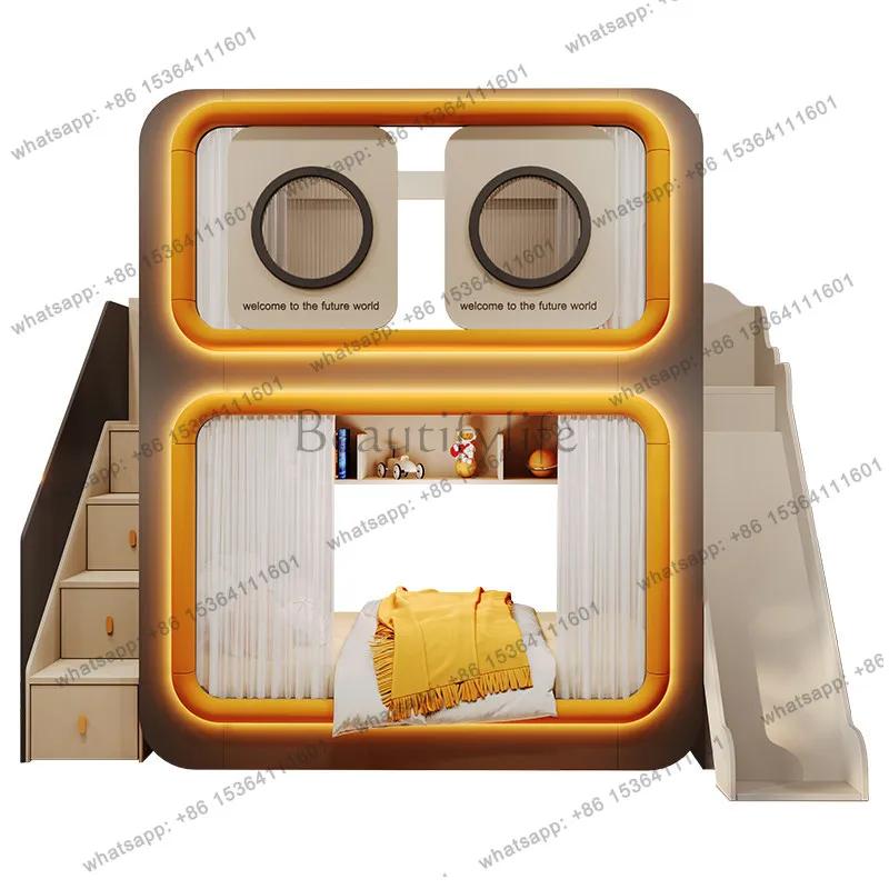 

Elevated two-layer upper and lower beds Double-layer small apartment High and low child and mother bed Multifunctional slide