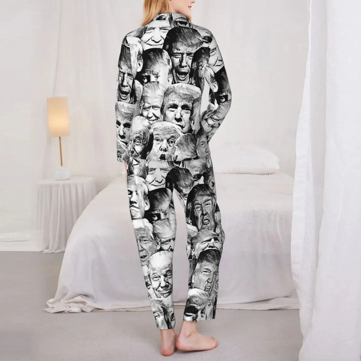 Funny Meme Print Pajamas Womens Trump Collage Soft Sleep Sleepwear Spring 2 Piece Casual Oversized Design Pajama Sets