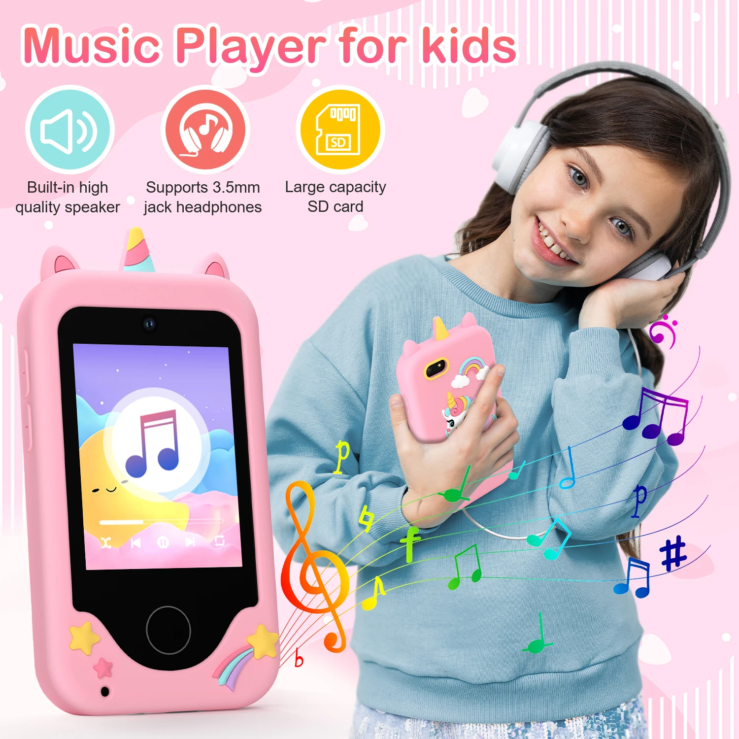 Cute Unicorn Kids Mobile Toy Touchscreen Dual Camera MP3 Educational Games Smart Phone Gift For Boys Girls Age 3-8