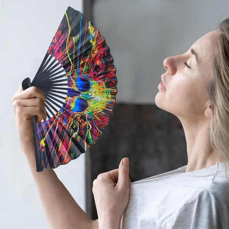 23cm Classics Folding Fan Hand Fans Rainbow Print Black Bamboo Bone Fan Cooling Handheld Fan Festival Performance Dance Fan Gift