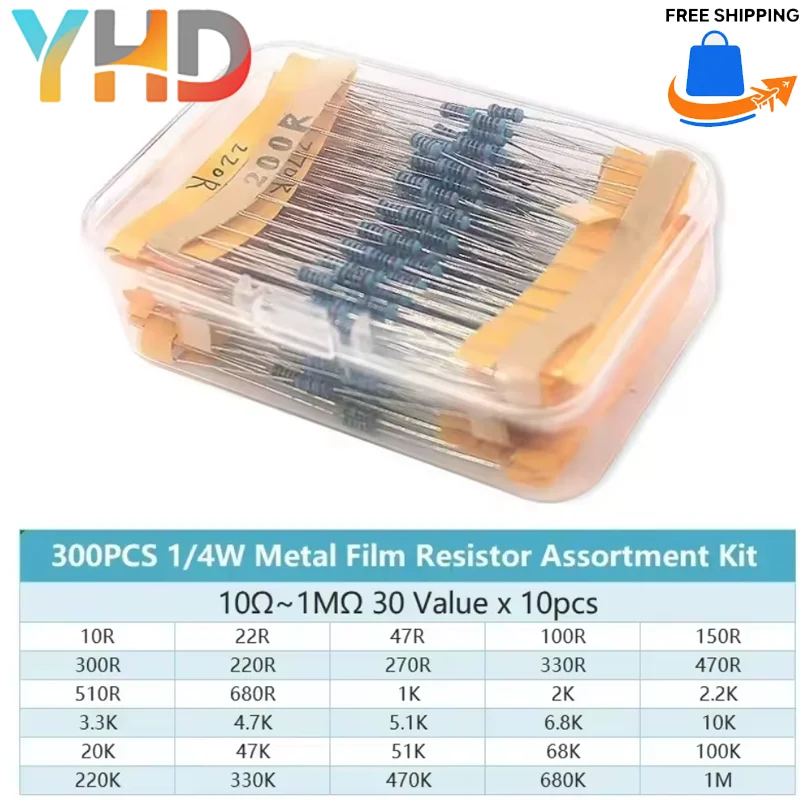 300/600/2600PCS 1/4W 1% ตัวต้านทานฟิล์มโลหะชุดกล่อง 1K 10K 100K 220ohm 1M ตัวต้านทาน 30 ชนิด