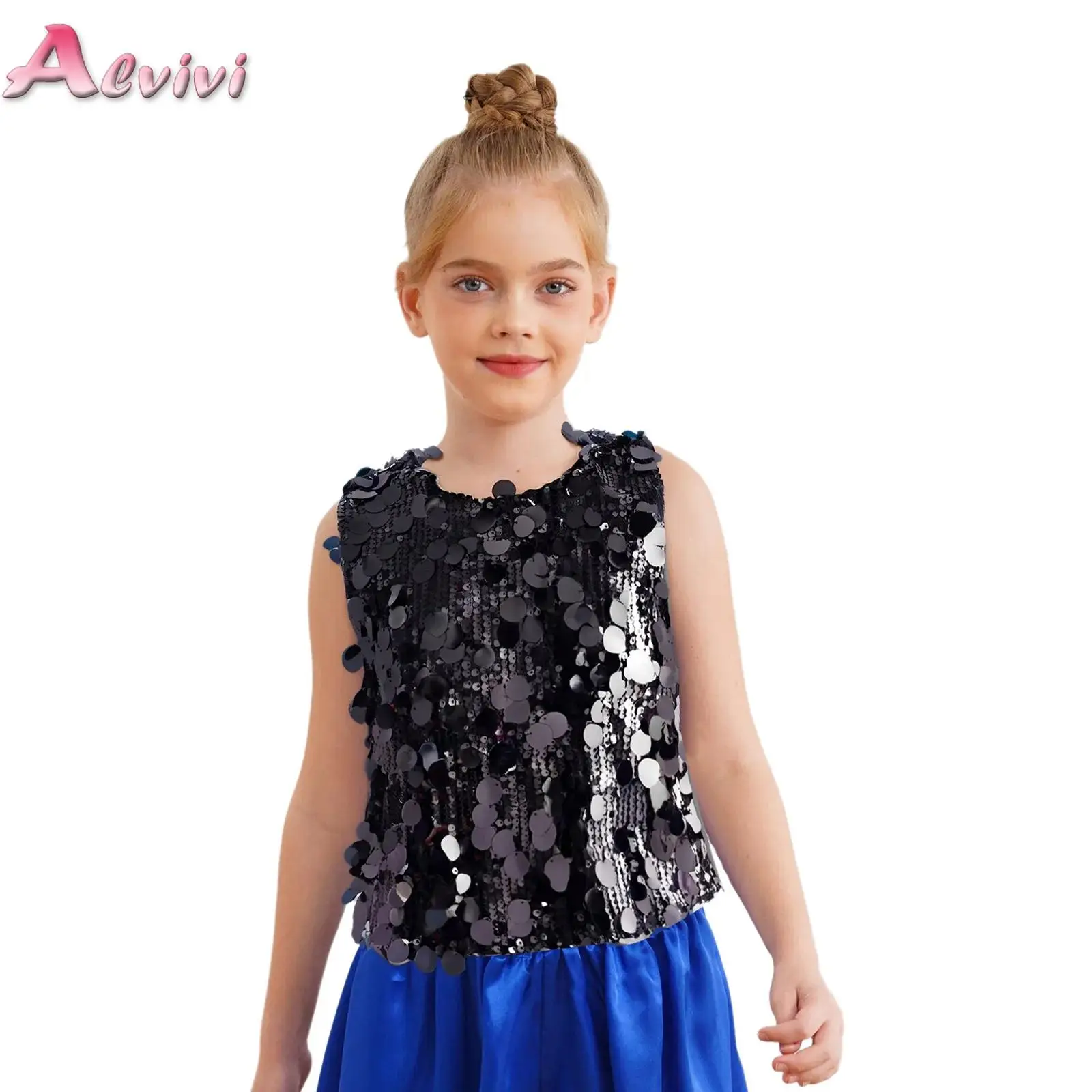 

Kids Girls Sparkly Sequin Tank Top Hip Hop Jazz Dance Camisole Vest Sleeveless Shirt Children Birthday Party Performance Costume