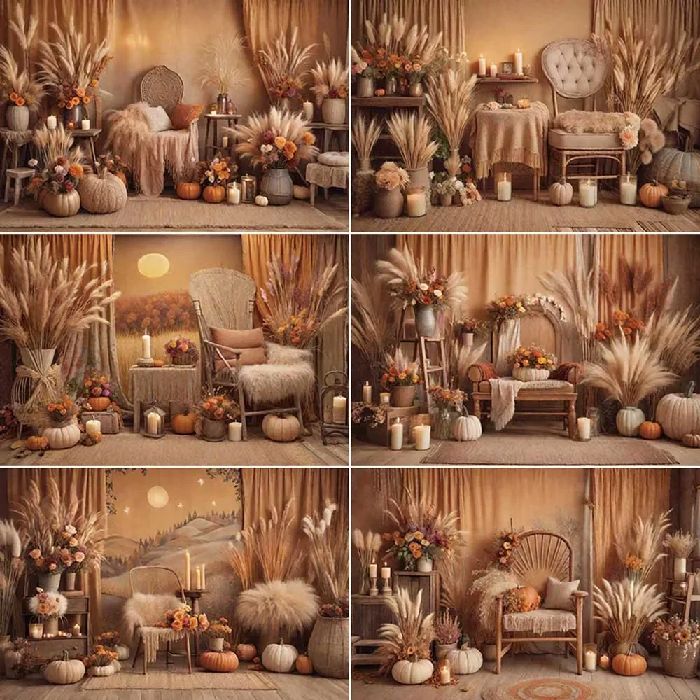 

MOON.QG Boho Thanksgiving Backdrop Photography Cowboy Autumn Thathch Photozone Background Children Studio Photocall Accessories