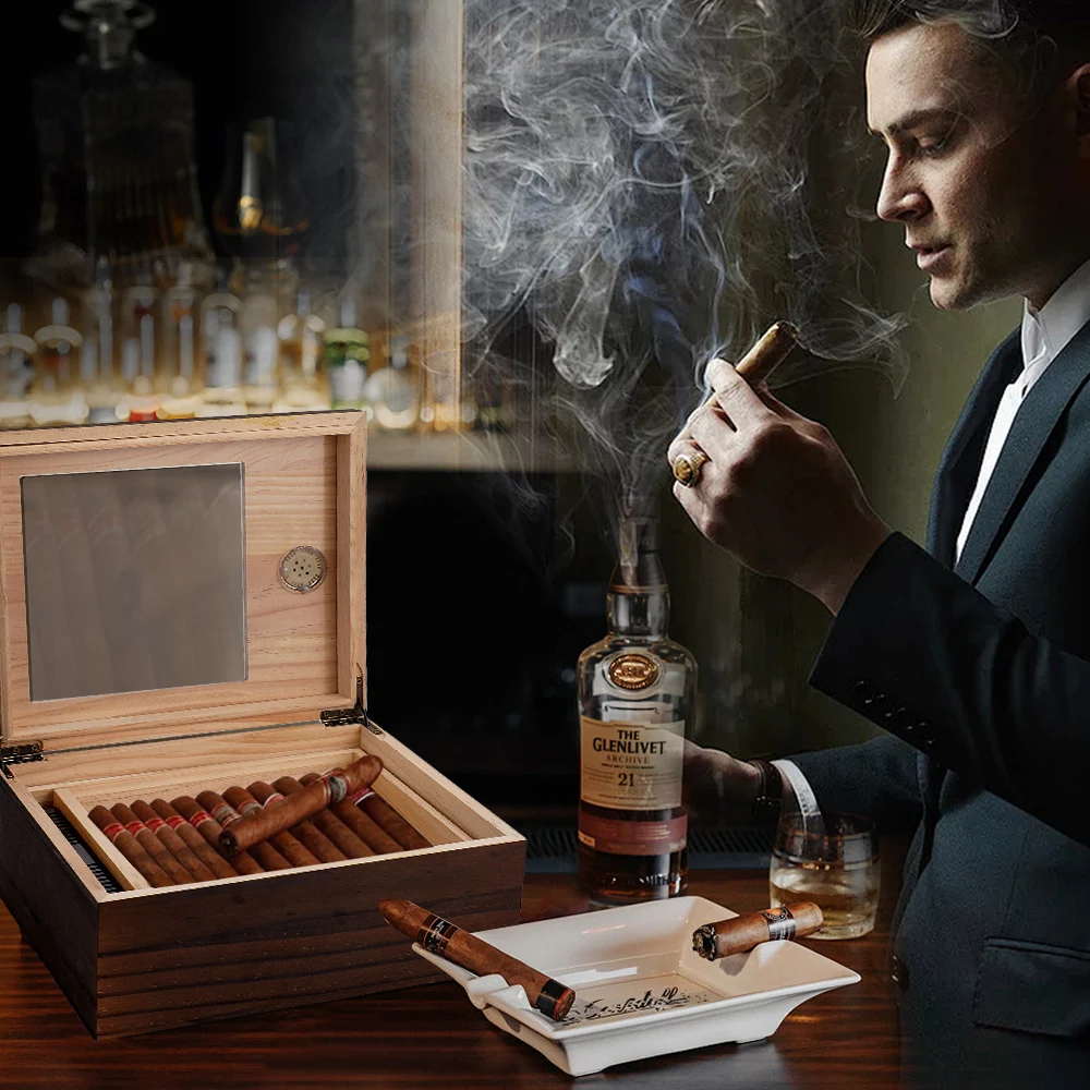 Humidor de puros con tapa de cristal, caja de puros con higrómetro, bandeja de madera de cedro, divisor, estuche de almacenamiento de madera, capacidad para 20-50 cigarros