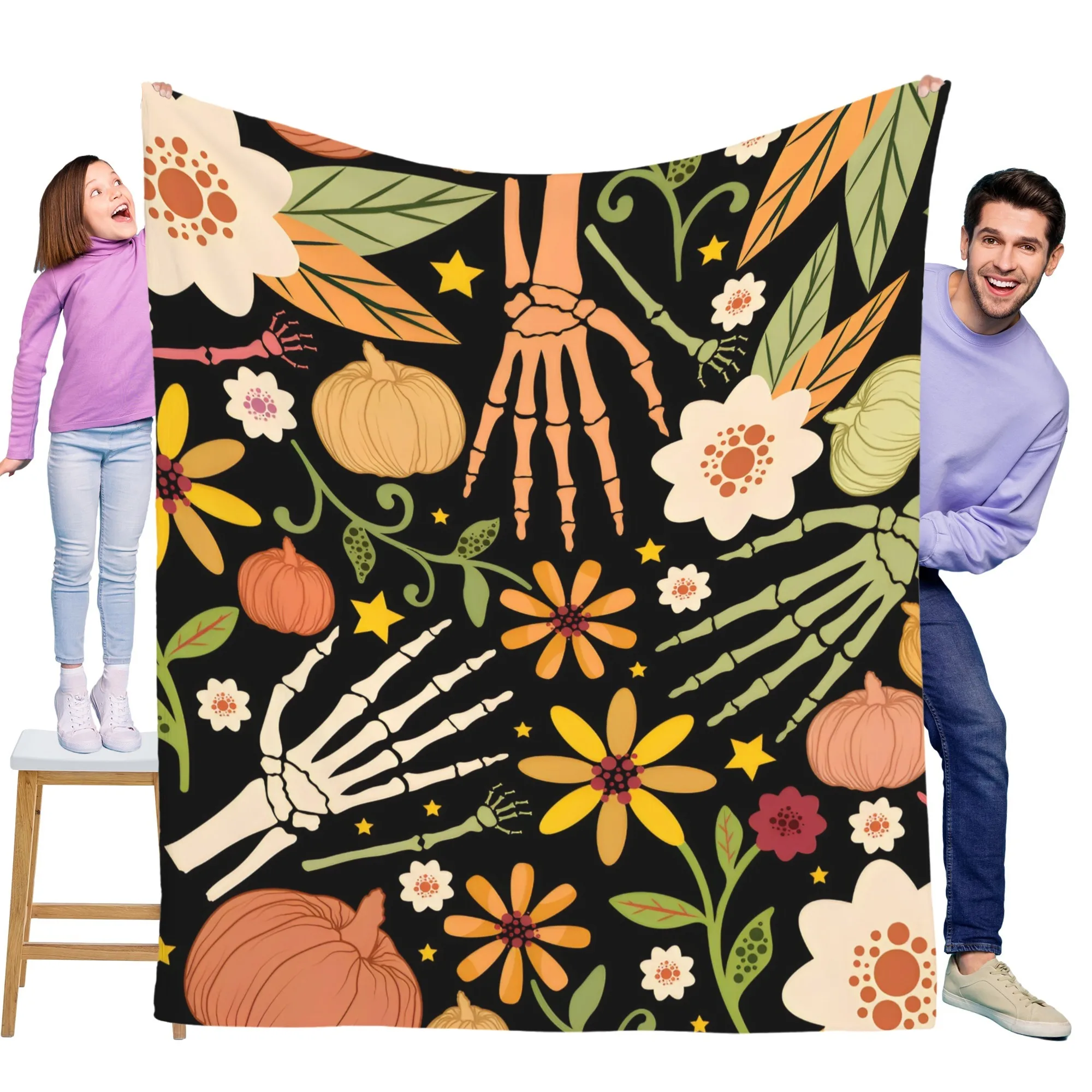 

Cartoon Skeleton Hand Pumpkin Flower Halloween flannel blanket is soft and warm, perfect for sofas, beds, offices, and travel