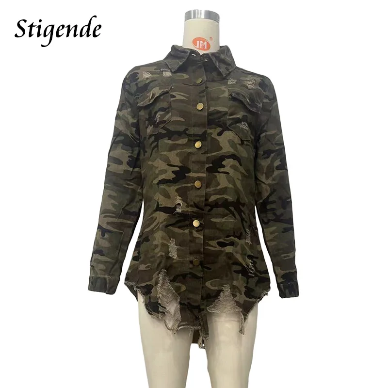 Stigende Ripped Green Camouflage Jacket Women Single Breasted Lapel Neck Distressed Coats