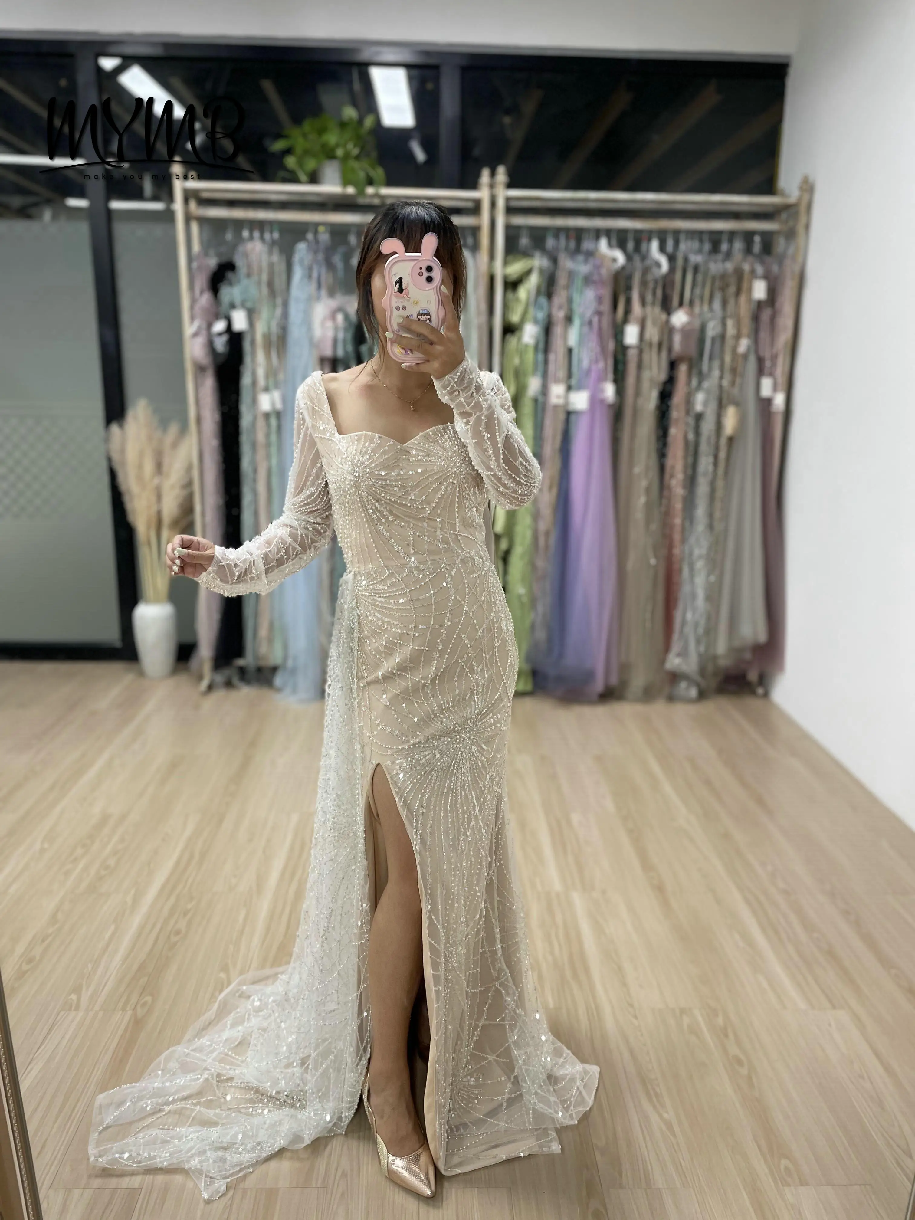 

MYMB Elegant Ivory Modern Girls Homecoming Evening Dresses Floor-Length Tulle Slit Lace Beaded Side Train for Parties MY30027-2
