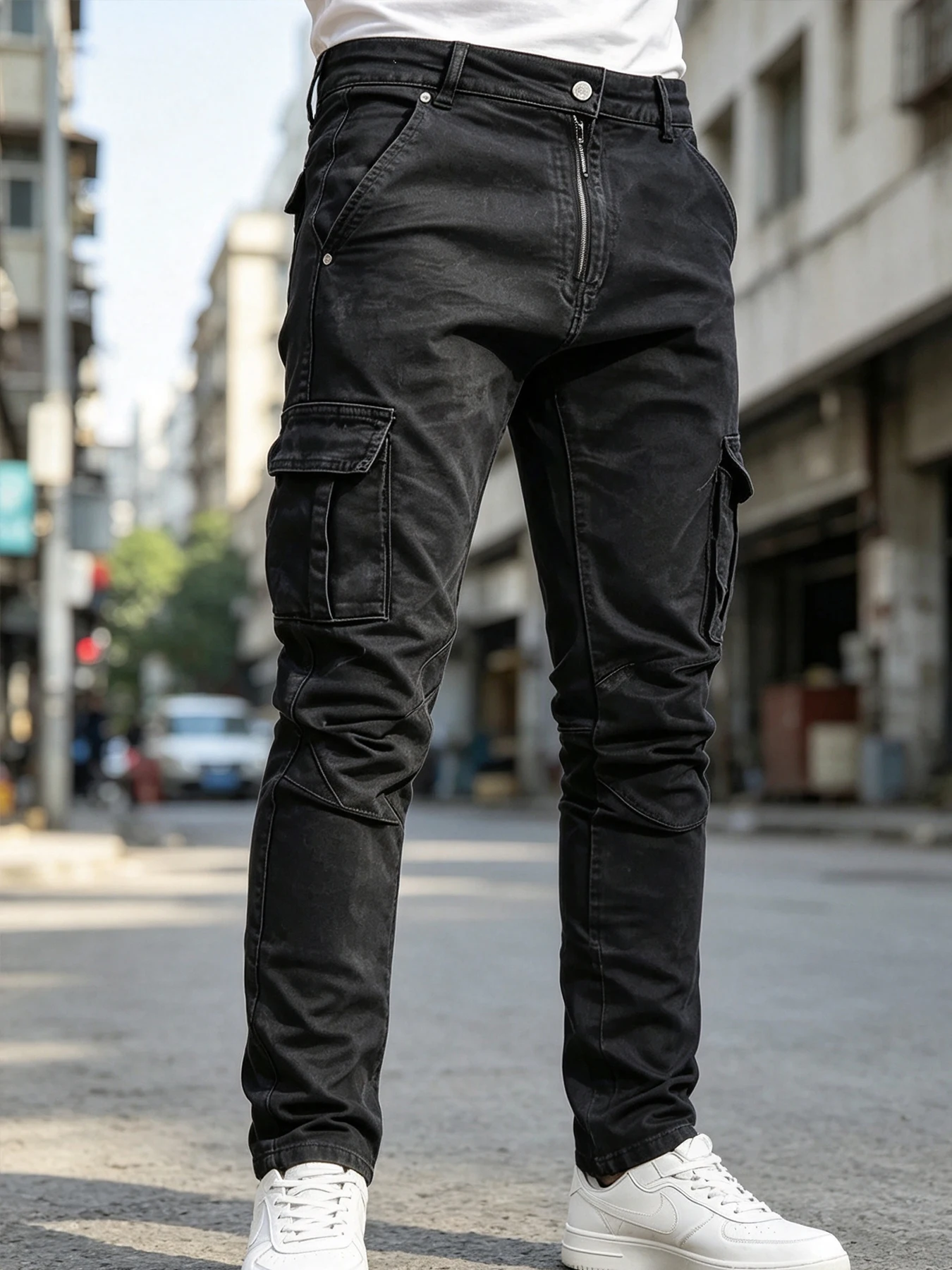 Single piece men's black outdoor pants work pants jeans, multi pocket men's work pants, streetwear, hip-hop casual jeans