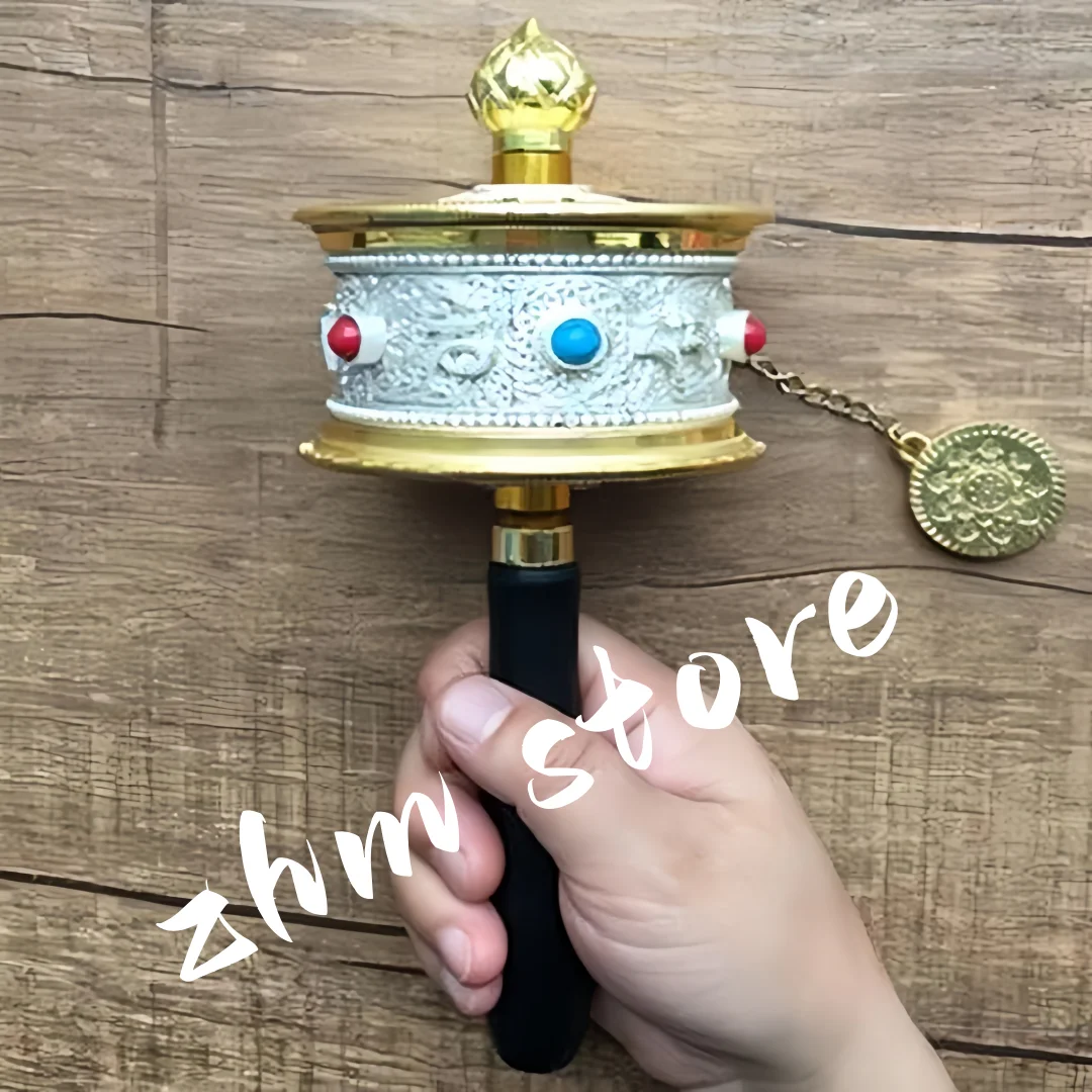 Exquisite Tibetan Supplies Nepal Alloy Metal Six Words Scriptures Carving Hand Cranking Swept Bad Things Buddhist Prayer Wheel