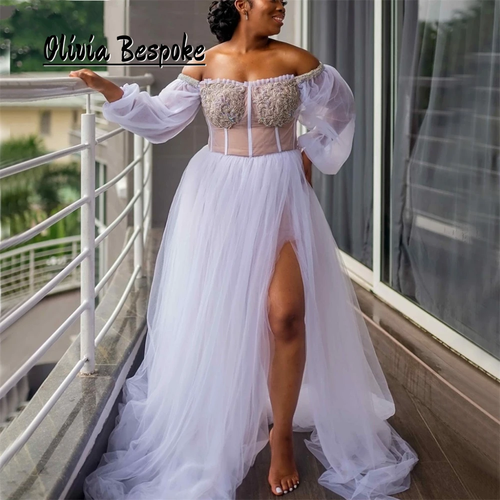 

Aso Ebi Wedding Dress Beads African Bridal Reception Gowns Off The Shoulder Long Sleeve Side Split Shower Dress Customized